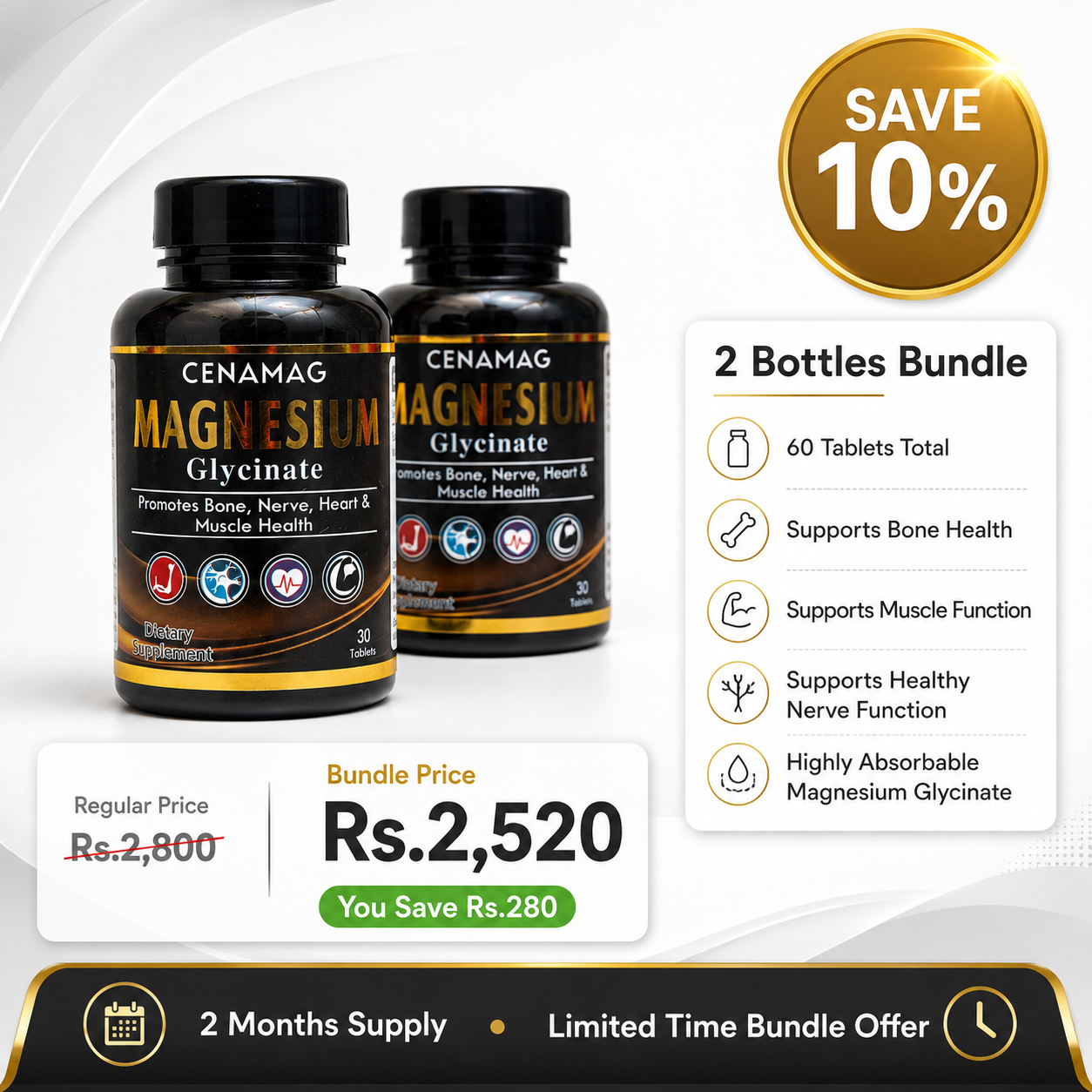 CENAMAG Magnesium Glycinate 500mg – Bundle (2 Packs, 10% Off)